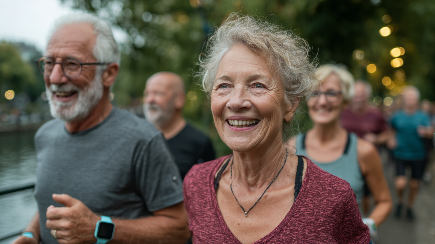 Grup de seniori practicând yoga în aer liber